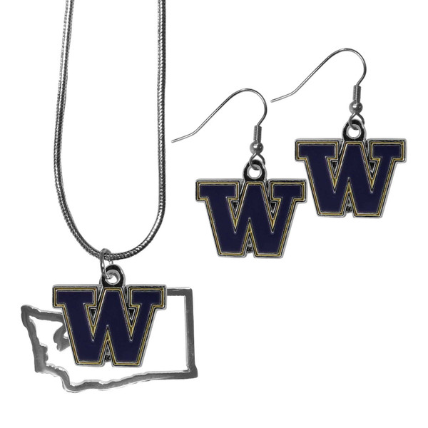 Washington Huskies Dangle Earrings and State Necklace Set