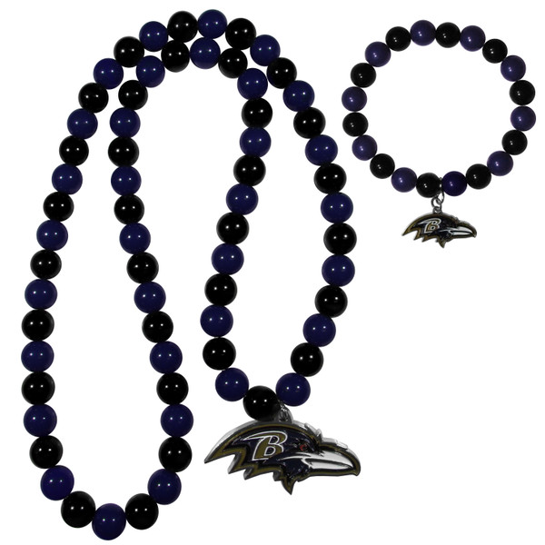 Baltimore Ravens Fan Bead Necklace and Bracelet Set