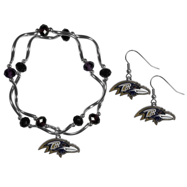 Baltimore Ravens Dangle Earrings and Crystal Bead Bracelet Set