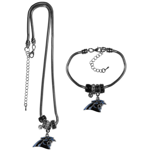 Carolina Panthers Euro Bead Necklace and Bracelet Set