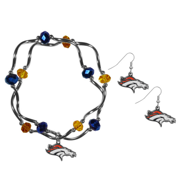 Denver Broncos Dangle Earrings and Crystal Bead Bracelet Set