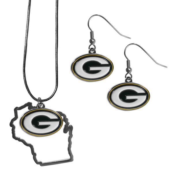 Green Bay Packers Dangle Earrings and State Necklace Set