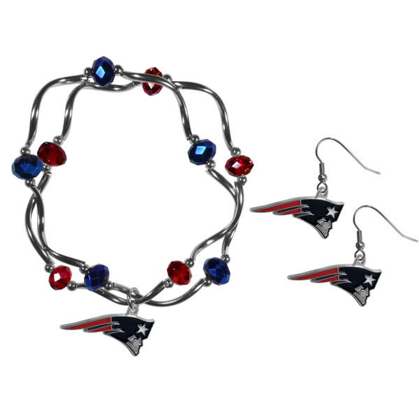 New England Patriots Dangle Earrings and Crystal Bead Bracelet Set