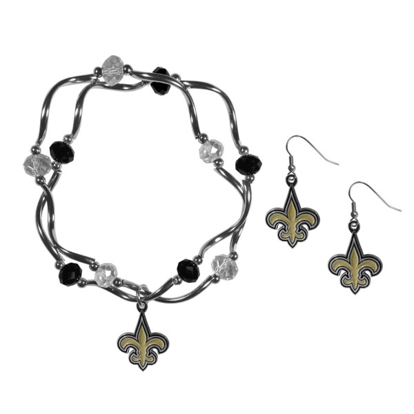New Orleans Saints Dangle Earrings and Crystal Bead Bracelet Set