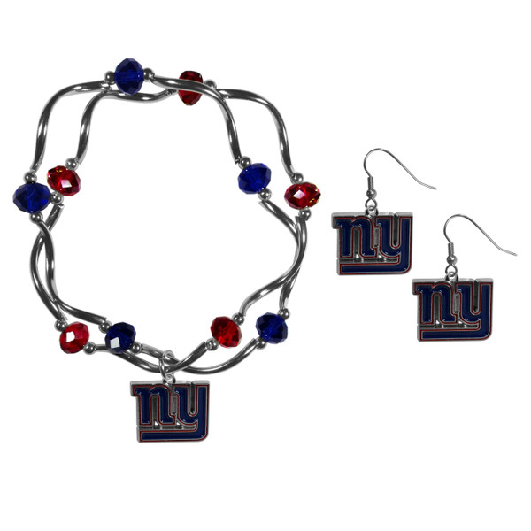 New York Giants Dangle Earrings and Crystal Bead Bracelet Set