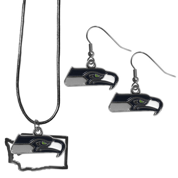 Seattle Seahawks Dangle Earrings and State Necklace Set