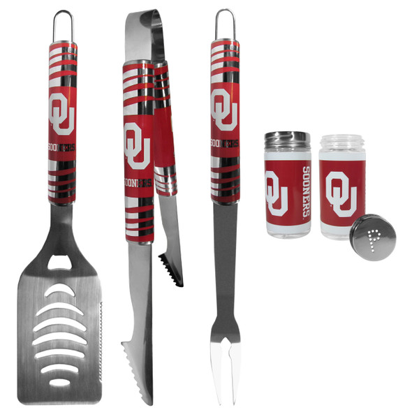 Oklahoma Sooners 3 pc Tailgater BBQ Set and Salt and Pepper Shaker Set