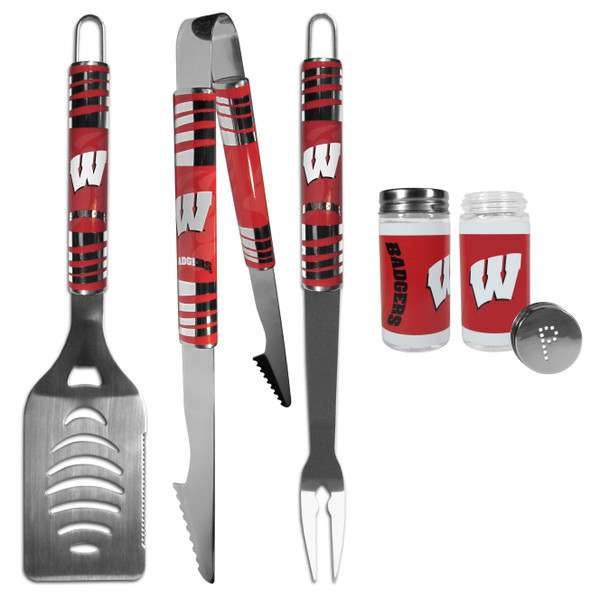 Wisconsin Badgers 3 pc Tailgater BBQ Set and Salt and Pepper Shaker Set