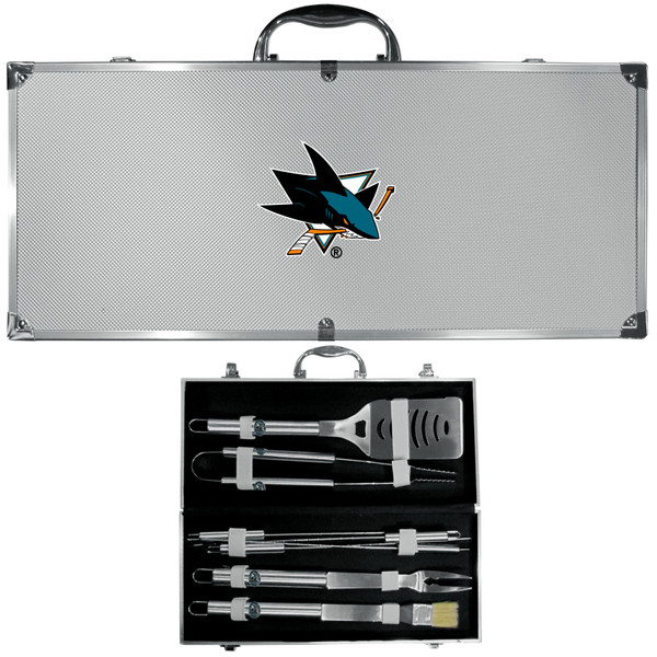 San Jose Sharks® 8 pc Stainless Steel BBQ Set w/Metal Case