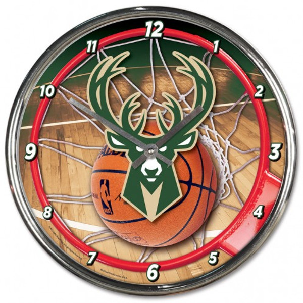 Milwaukee Bucks Clock Round Wall Style Chrome