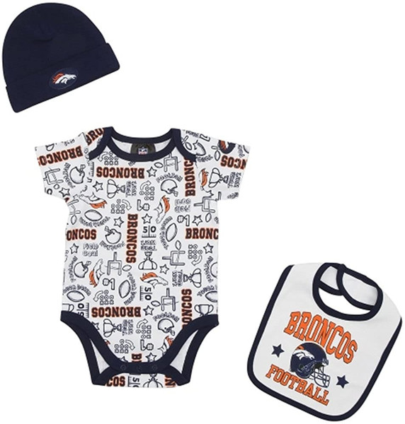 Denver Broncos 3-Piece Baby Boys Bodysuit, Bib, and Cap Set