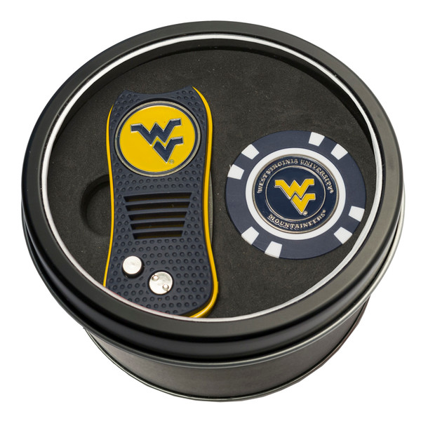 West Virginia Mountaineers Tin Gift Set with Switchfix Divot Tool and Golf Chip