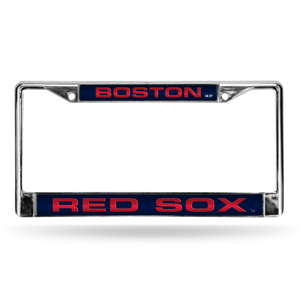 Boston Red Sox License Plate Frame Laser Cut Chrome Blue Background with Red Letters