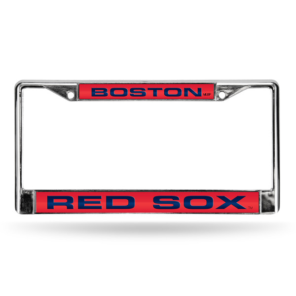 Boston Red Sox License Plate Frame Laser Cut Chrome Red Background with Blue Letters