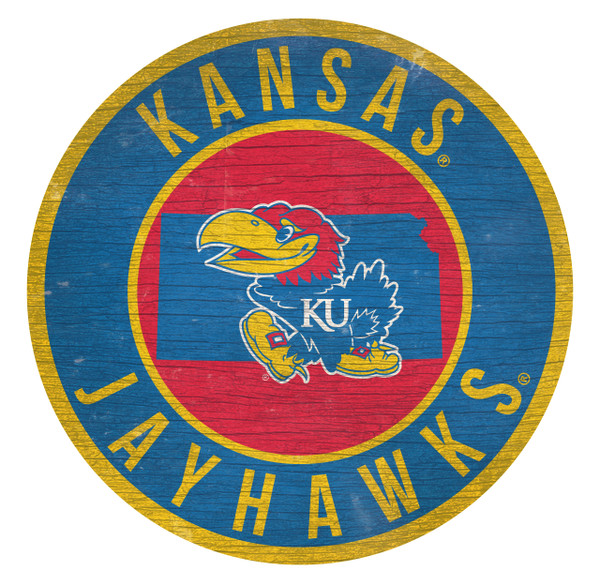 Kansas Jayhawks Sign Wood 12 Inch Round State Design