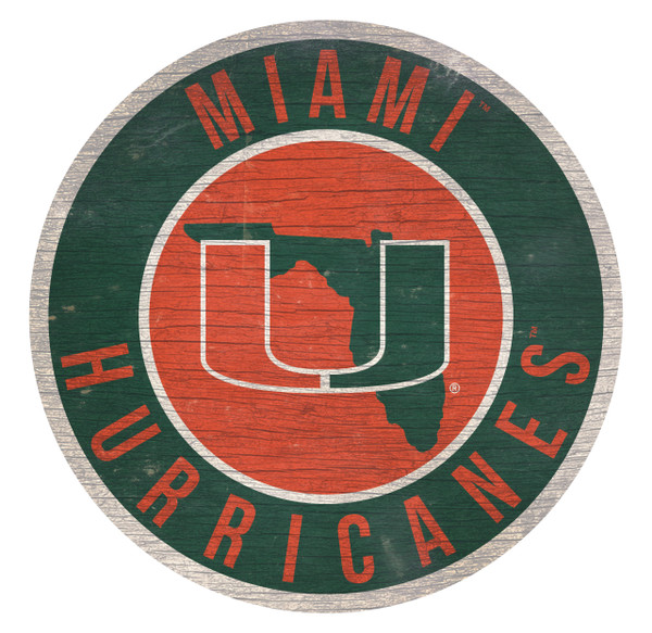 Miami Hurricanes Sign Wood 12 Inch Round State Design