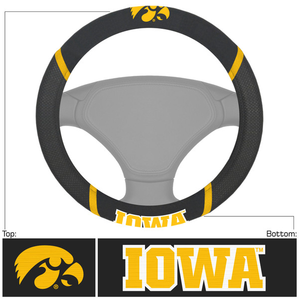 University of Iowa - Iowa Hawkeyes Steering Wheel Cover Tigerhawk Primary Logo and Wordmark Black