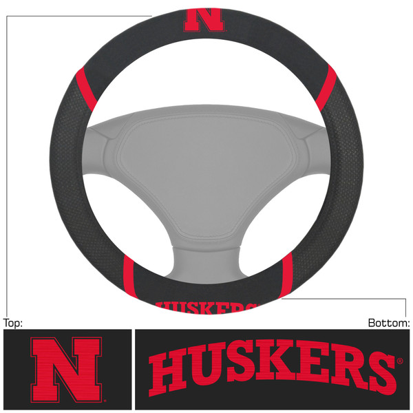University of Nebraska - Nebraska Cornhuskers Steering Wheel Cover "Block N" Logo & "Huskers" Wordmark Black