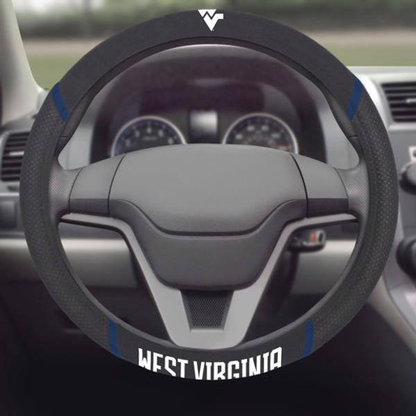 West Virginia University - West Virginia Mountaineers Steering Wheel Cover Flying WV Primary Logo and Wordmark Black