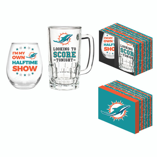 Miami Dolphins Drink Set Boxed 17oz Stemless Wine and 16oz Tankard