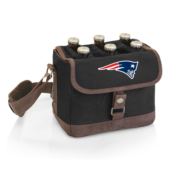 New England Patriots Beer Caddy Cooler Tote with Opener, (Black with Brown Accents)