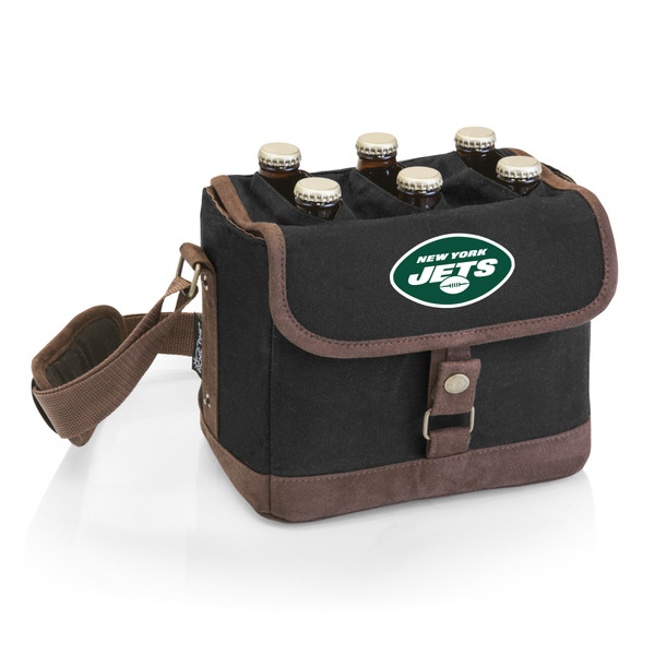 New York Jets Beer Caddy Cooler Tote with Opener, (Black with Brown Accents)