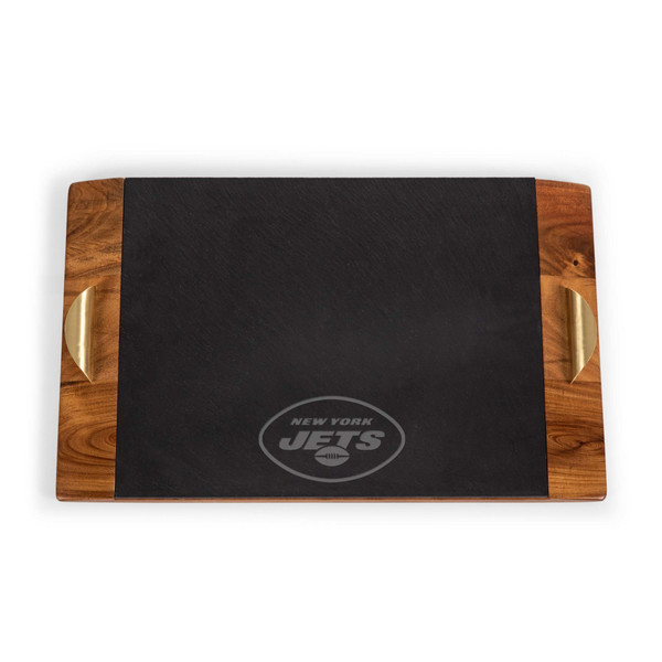 New York Jets Covina Acacia and Slate Serving Tray, (Acacia Wood & Slate Black with Gold Accents)