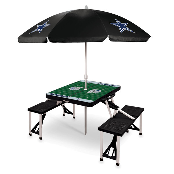 Dallas Cowboys Picnic Table Portable Folding Table with Seats and Umbrella, (Black)