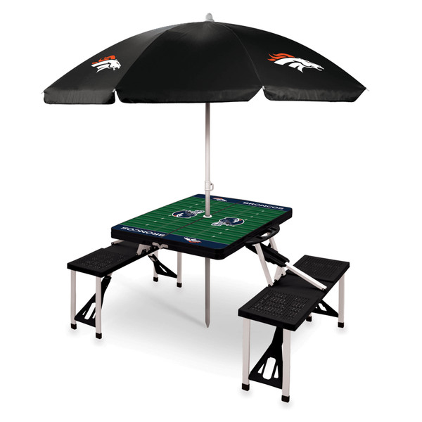 Denver Broncos Picnic Table Portable Folding Table with Seats and Umbrella, (Black)