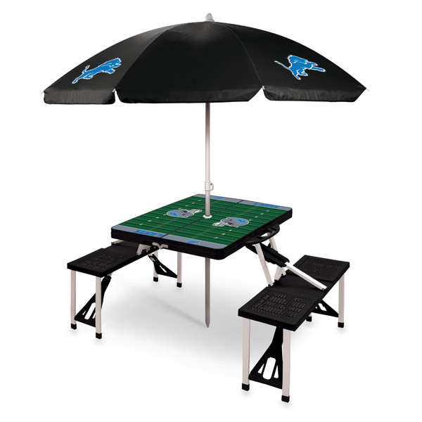 Detroit Lions Picnic Table Portable Folding Table with Seats and Umbrella, (Black)