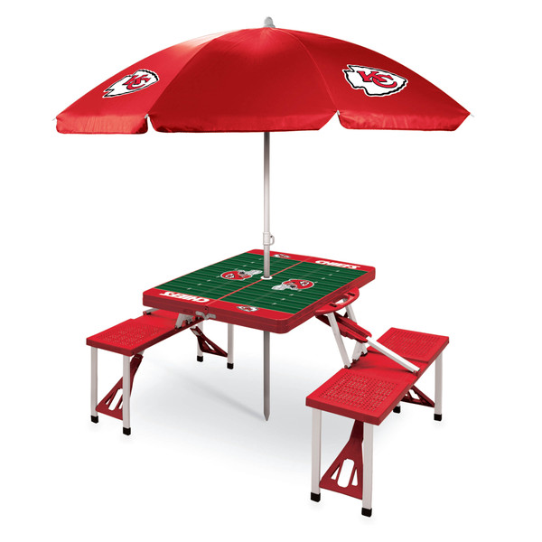 Kansas City Chiefs Picnic Table Portable Folding Table with Seats and Umbrella, (Red)