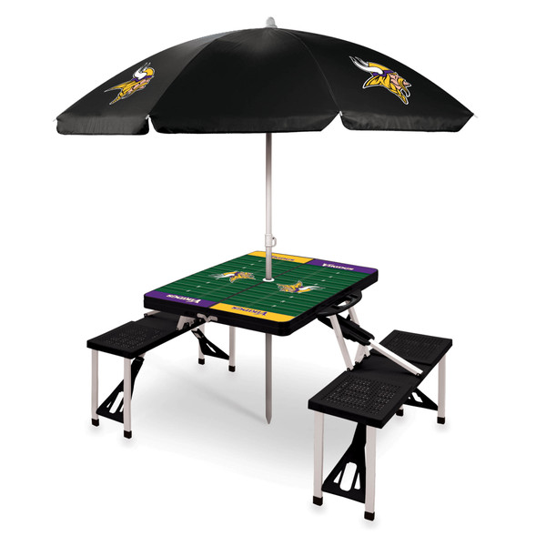 Minnesota Vikings Picnic Table Portable Folding Table with Seats and Umbrella, (Black)
