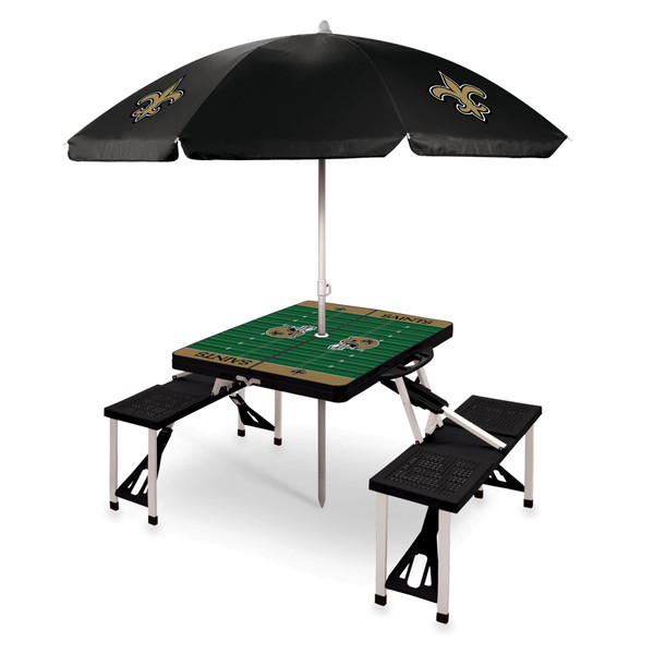 New Orleans Saints Picnic Table Portable Folding Table with Seats and Umbrella, (Black)