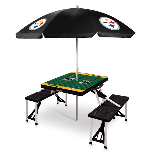 Pittsburgh Steelers Picnic Table Portable Folding Table with Seats and Umbrella, (Black)