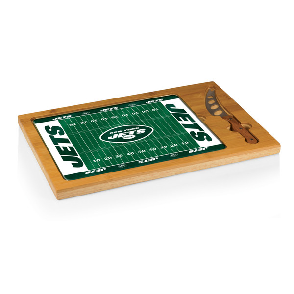 New York Jets Football Field Icon Glass Top Cutting Board & Knife Set, (Parawood & Bamboo)