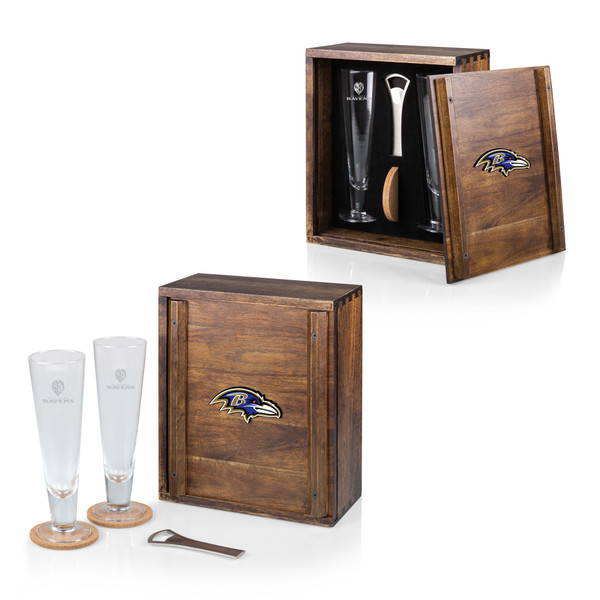 Baltimore Ravens Pilsner Beer Glass Gift Set, (Acacia Wood)