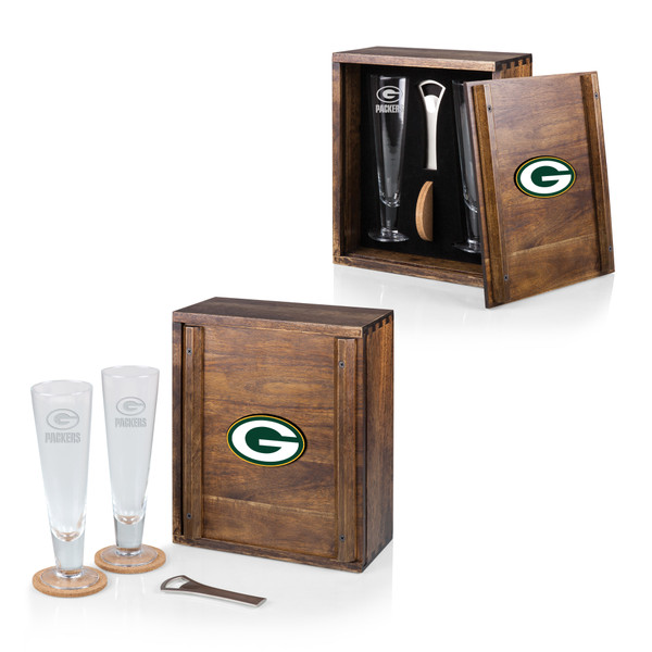 Green Bay Packers Pilsner Beer Glass Gift Set, (Acacia Wood)