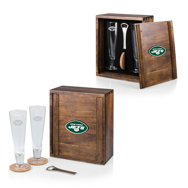 New York Jets Pilsner Beer Glass Gift Set, (Acacia Wood)