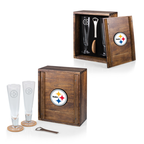 Pittsburgh Steelers Pilsner Beer Glass Gift Set, (Acacia Wood)