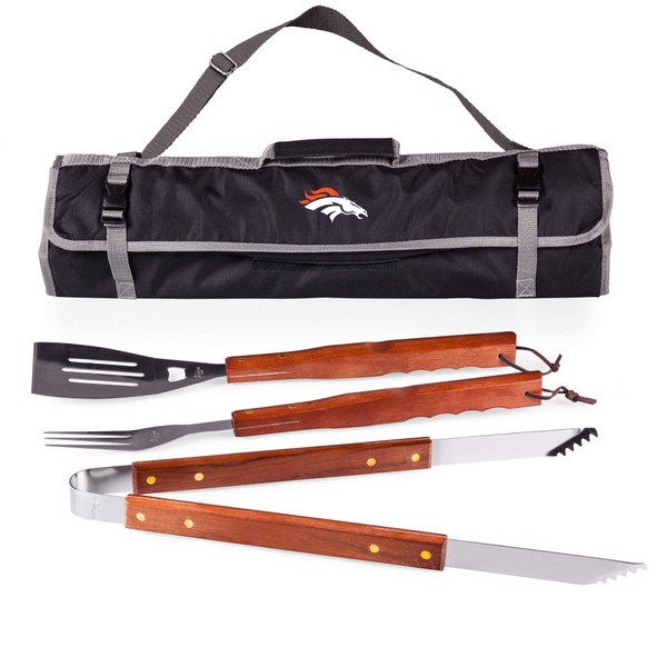 Denver Broncos 3-Piece BBQ Tote & Grill Set, (Black with Gray Accents)