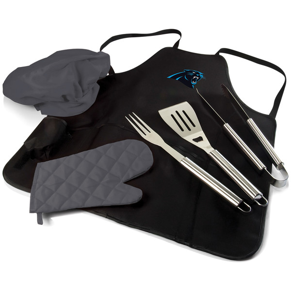 Carolina Panthers BBQ Apron Tote Pro Grill Set, (Black with Gray Accents)