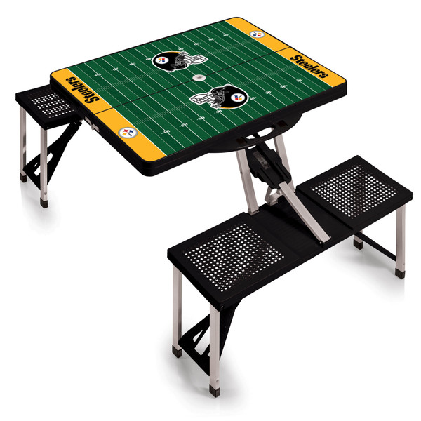Pittsburgh Steelers Football Field Picnic Table Portable Folding Table with Seats, (Black)