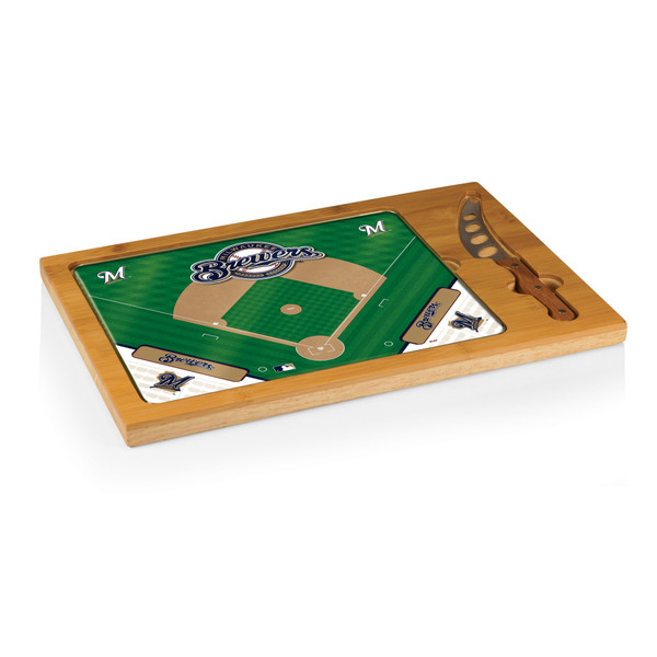 Milwaukee Brewers Baseball Diamond Icon Glass Top Cutting Board & Knife Set (Parawood & Bamboo)