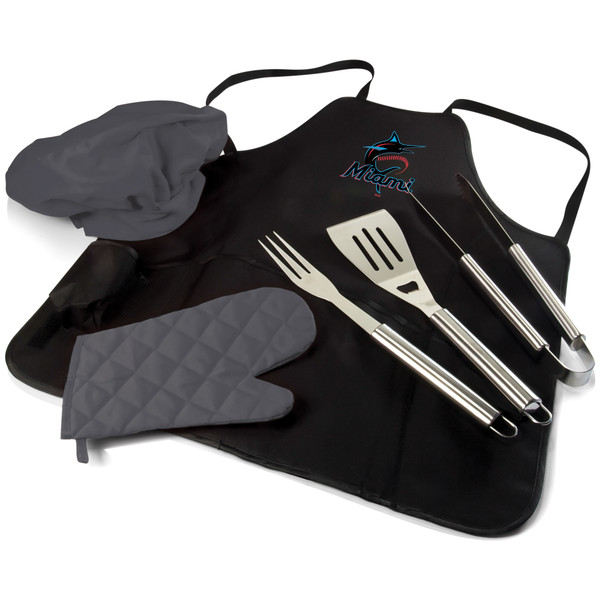Miami Marlins BBQ Apron Tote Pro Grill Set (Black with Gray Accents)