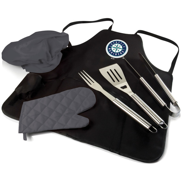 Seattle Mariners BBQ Apron Tote Pro Grill Set (Black with Gray Accents)