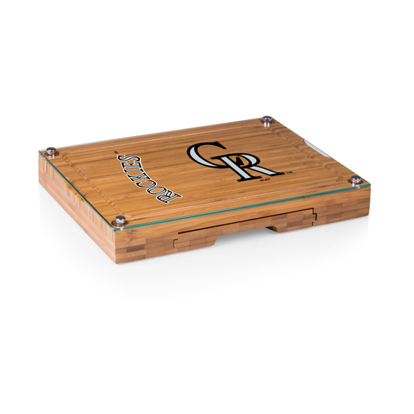 Colorado Rockies Concerto Glass Top Cheese Cutting Board & Tools Set (Bamboo)