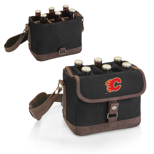 Calgary Flames Beer Caddy Cooler Tote with Opener, (Black with Brown Accents)