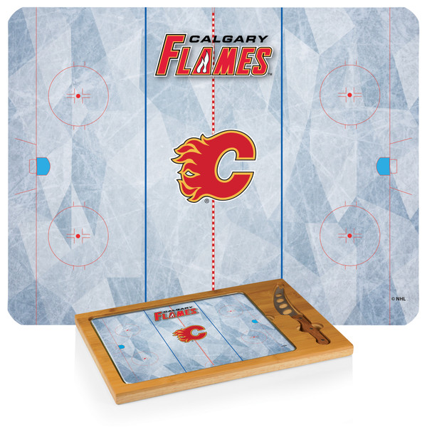 Calgary Flames Hockey Rink Icon Glass Top Cutting Board & Knife Set, (Parawood & Bamboo)