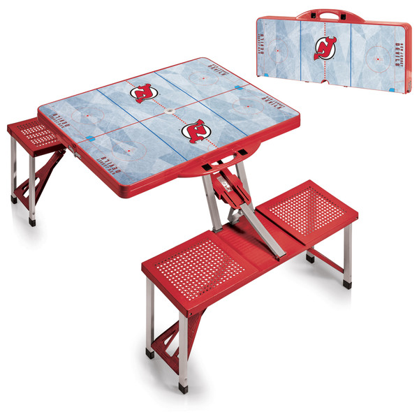 New Jersey Devils Hockey Rink Picnic Table Portable Folding Table with Seats, (Red)