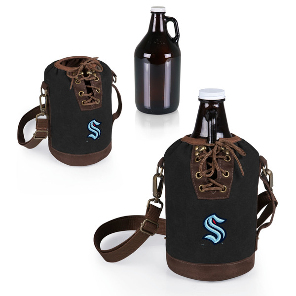 Seattle Kraken Insulated Growler Tote with 64 oz. Glass Growler, (Black with Brown Accents & Glass Growler)